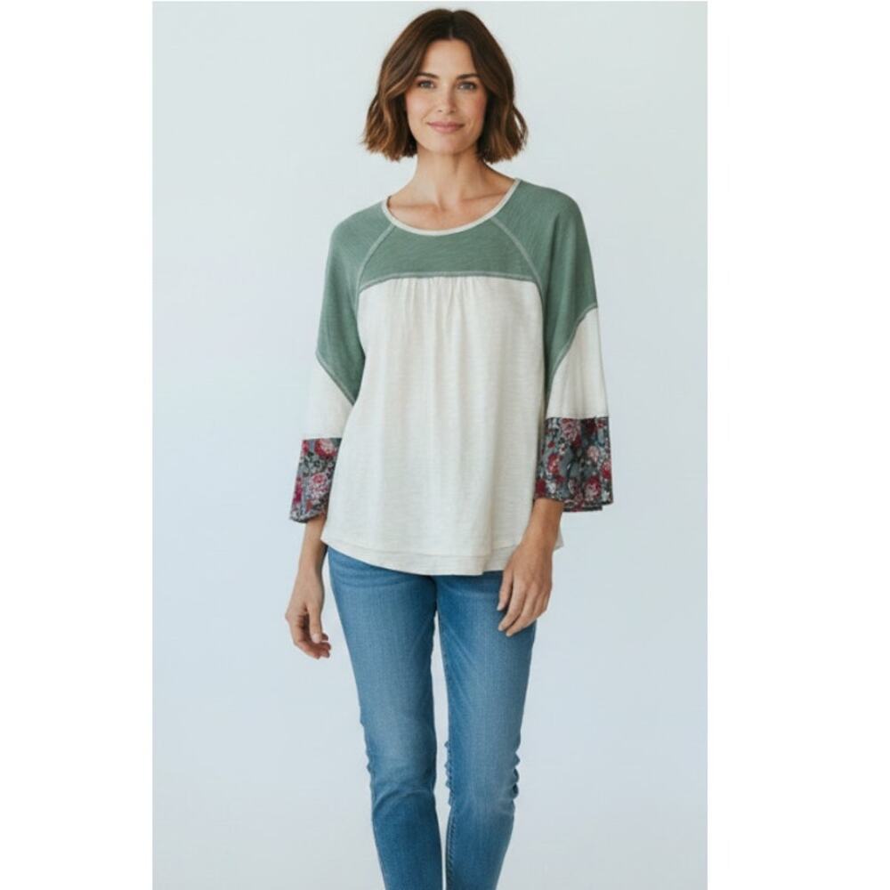 LOVERICHE TOP WOMENS SIZE LARGE BELL SLEEVE COTTON BOHO BLOUSE GREEN WHITE